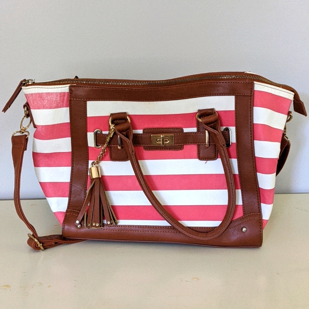 Black rivet pink and white striped purse